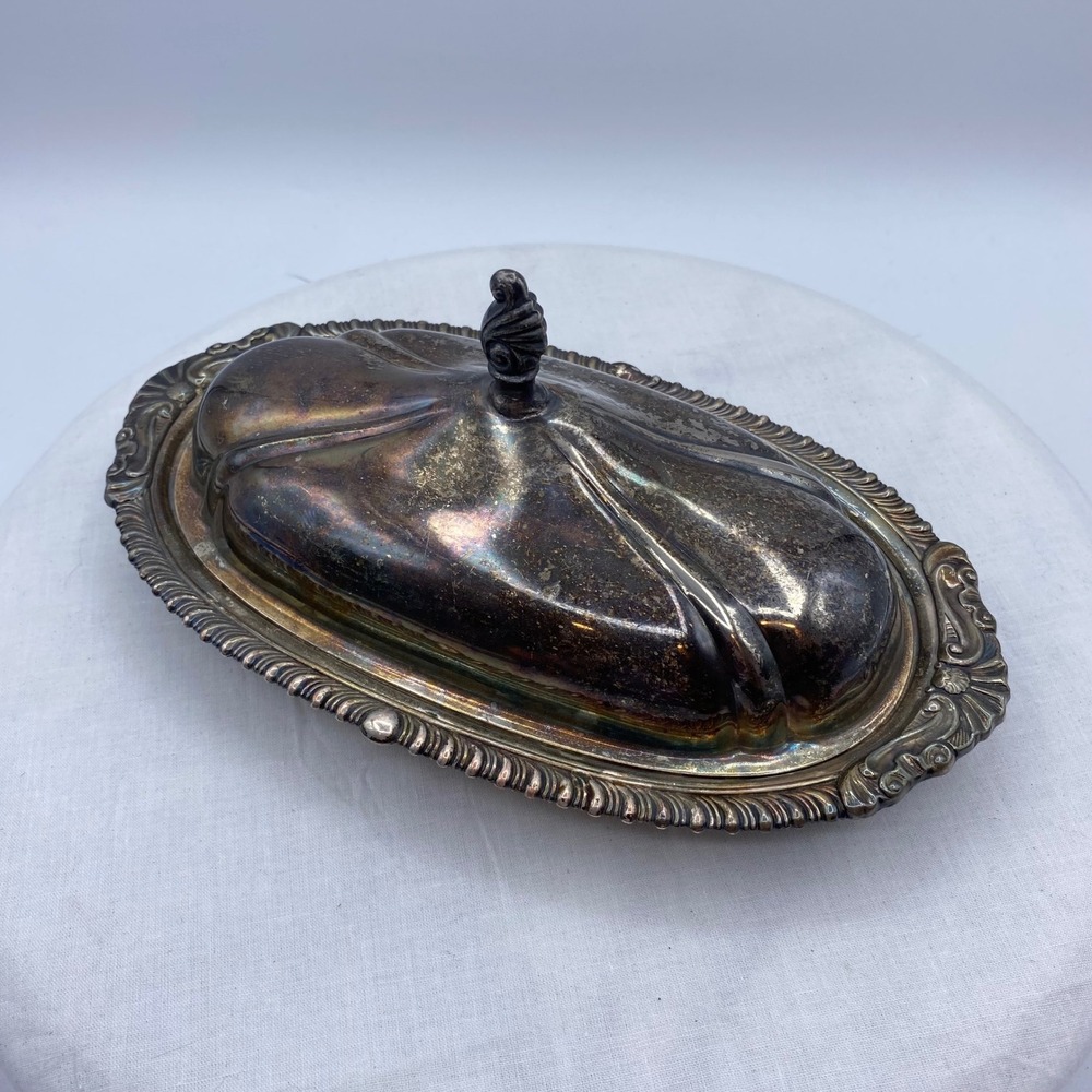 Vintage Sheridan Silver on Copper Oval Butter Dish Glass Insert Silverplate 9in